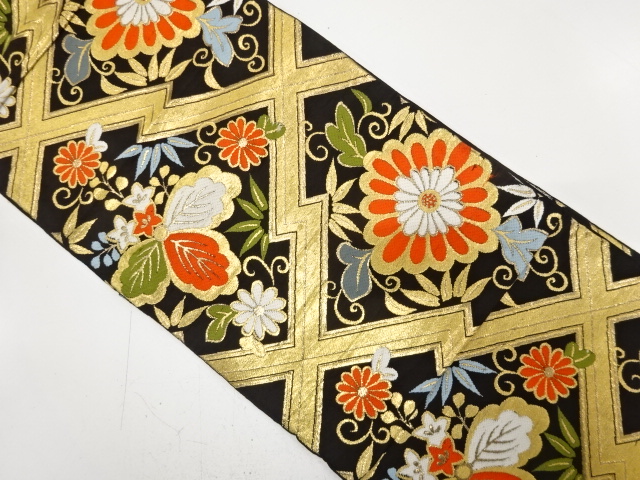 JAPANESE KIMONO / ANTIQUE FUKURO OBI / WOVEN KIKU & PAULOWNIA